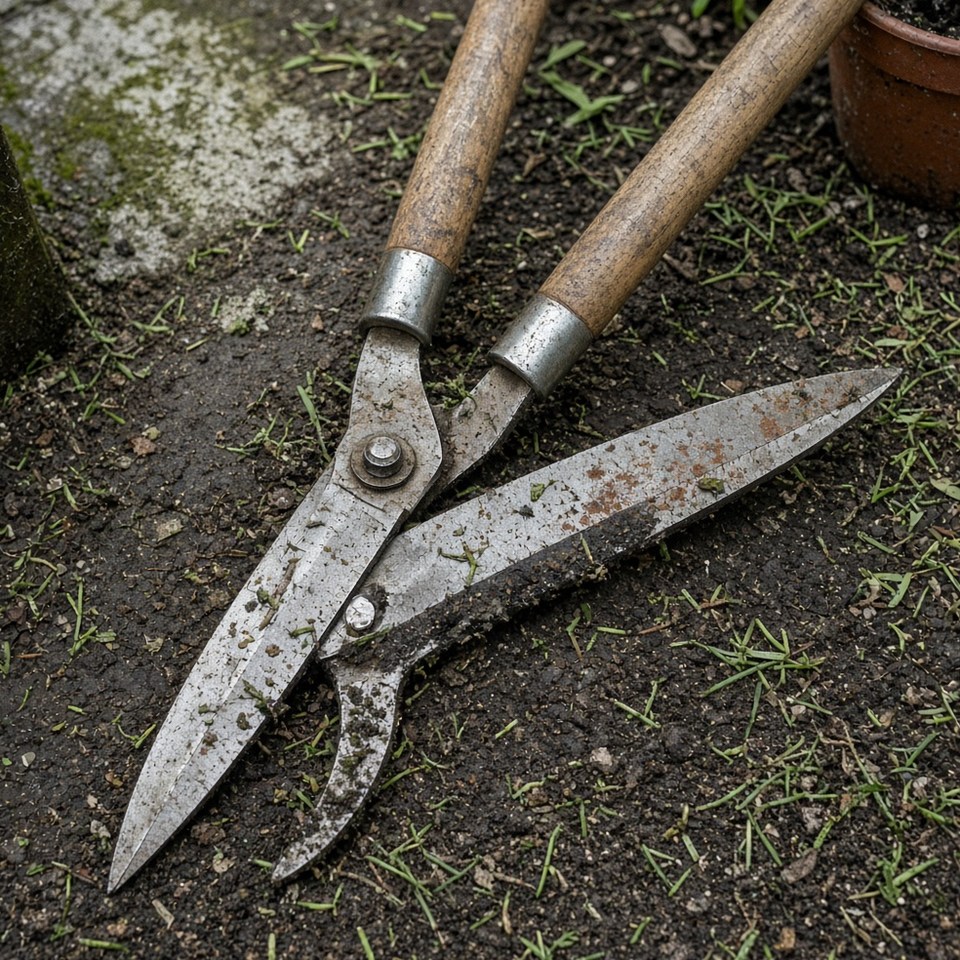 Heckenschere mit Holzgriffen auf feuchtem Boden, etwas Rost an der Klinge