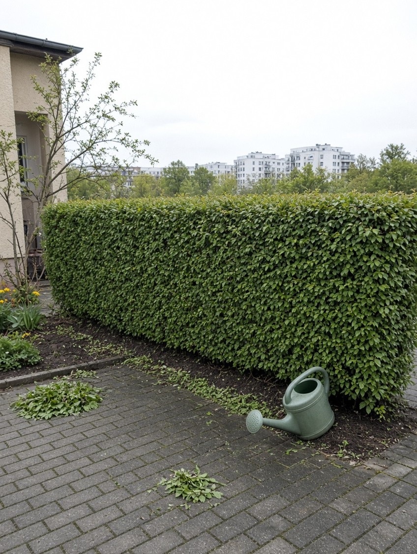 Geschnittene Hecke im Vorgarten, Gießkanne am Rand, Schnittreste auf dem Pflaster