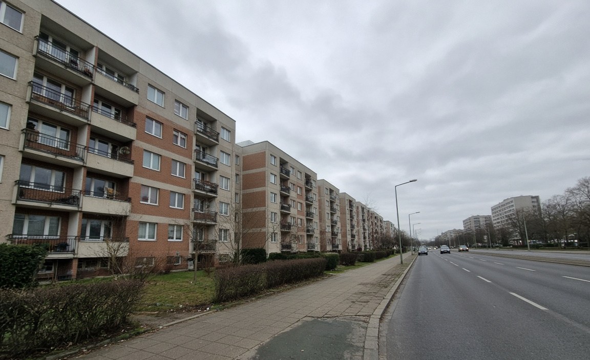 Breite Fahrbahn und Wohnzeile am Kurt-Schumacher-Damm bei bedecktem Himmel