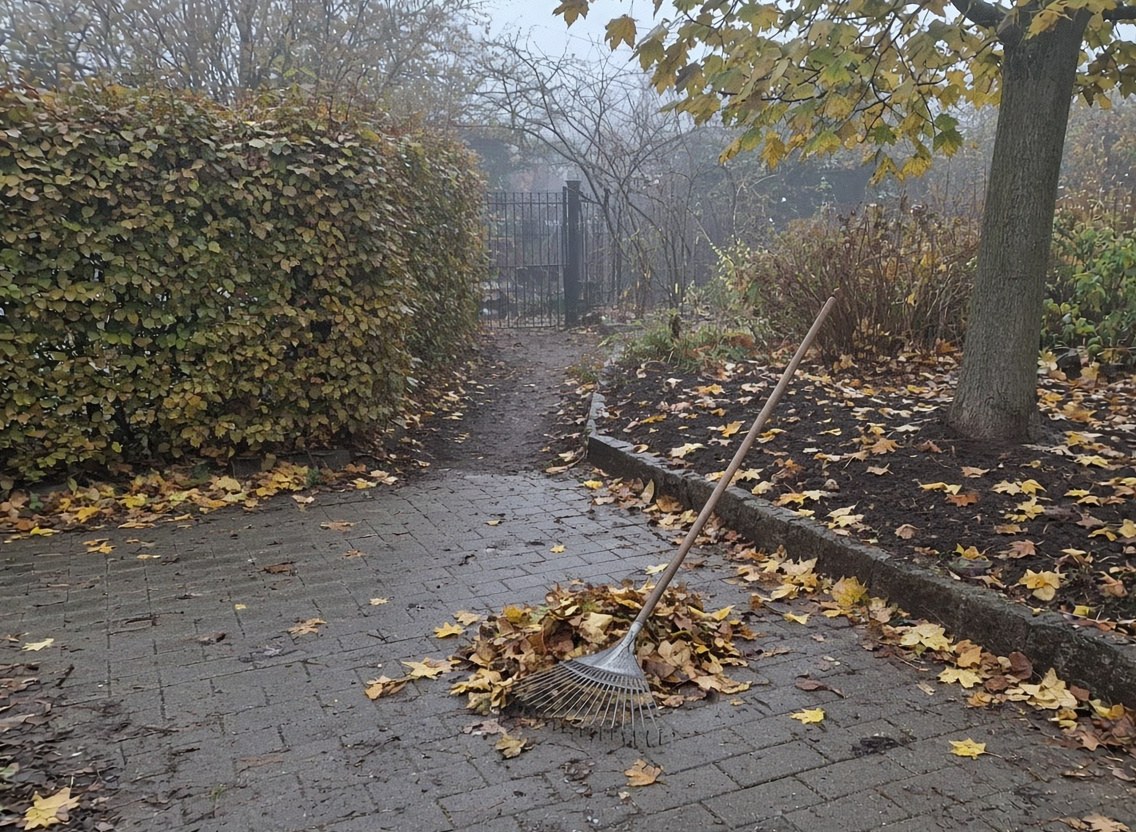 Laubhaufen auf nassem Pflasterweg, Rechen mit Holzstiel, herbstliche Hecke