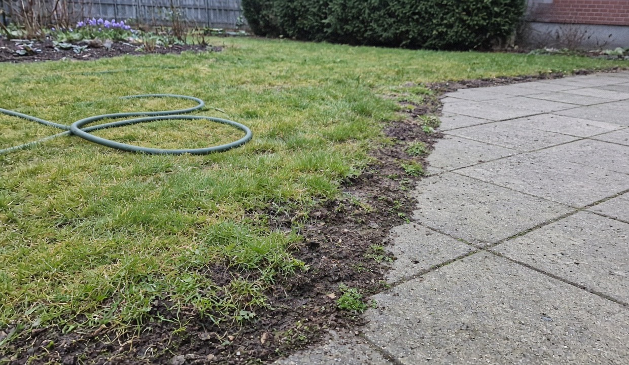 Frisch gestochene Rasenkante, Gartenschlauch auf dem Gras, Pflastersteine rechts